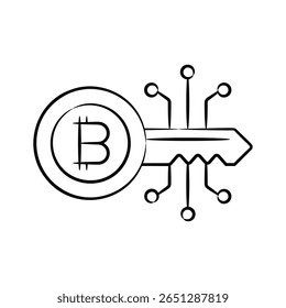 A handy hand drawn style icon of digital bitcoin key