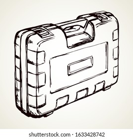 Handy house build diy bit set store latch tin lay draw on white. Modern cartoon graphic vector line labor tape object container. Outline black hand drawn key toolbag chest logo sign icon symbol sketch