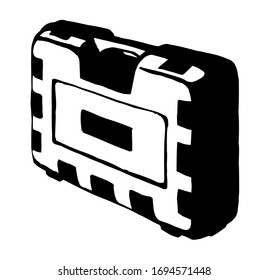 Handy house build diy bit set store latch tin lay draw on white. Modern cartoon graphic vector line labor tape object container. Outline black hand drawn key toolbag chest logo sign icon symbol sketch