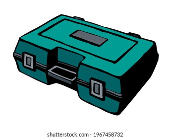 Handy house build diy bit set store latch tin lay draw on white. Modern cartoon graphic vector line labor tape object container. Bright green color hand drawn key toolbag chest logo sign icon sketch a