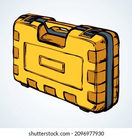 Handy house build diy bit set store latch tin lay draw on white. Modern cartoon graphic vector line labor tape object container. Yellow color hand drawn key toolbag chest logo sign icon sketch art