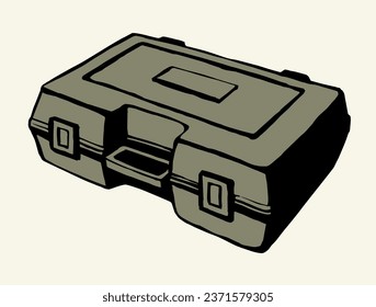 Handy house build diy bit set store latch tin lay draw on white. Modern cartoon graphic vector line labor tape object container. Outline black hand drawn key toolbag chest logo sign icon symbol sketch