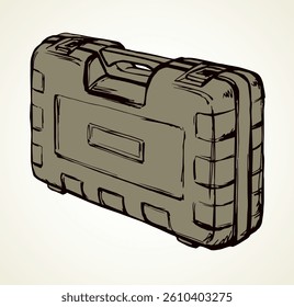 Handy house build diy bit set store latch tin lay draw on white. Modern cartoon graphic vector line labor tape object container. Outline black hand drawn key toolbag chest logo sign icon symbol sketch