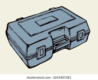 Handy house build diy bit set store latch tin lay draw on white. Modern cartoon graphic vector line labor tape object container. Outline black hand drawn key toolbag chest logo sign icon symbol sketch