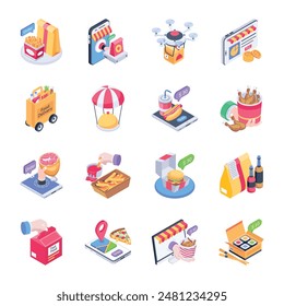 Handy Isometric Icons of Food Ordering 