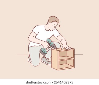 Handy Man Assembling Cabinet with Power Drill. Hand drawn style vector design illustrations.
