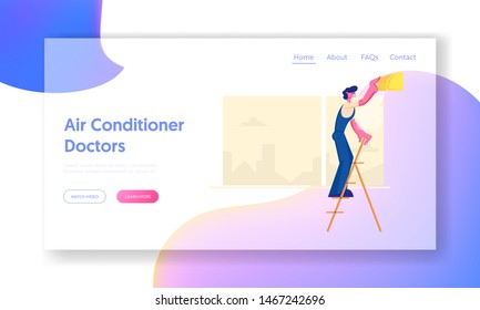 Handy Man Fixing Broken Conditioner, Worker Set Up Climate Control Device, Repair Service, Electrician, Call Master at Work. Website Landing Page, Web Page. Cartoon Flat Vector Illustration, Banner