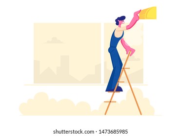 Handy Man Fixing Broken Conditioner Standing on Ladder at Home. Worker Set Up Climate Control. Repair Service Fixing Broken Technics. Electrician, Call Master at Work. Cartoon Flat Vector Illustration