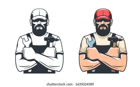 Handy man with hammer and wrench. Repairman mechanic. Retro isolated vector illustration.