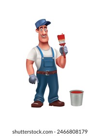 Handy man with paint brush and bucket, vector