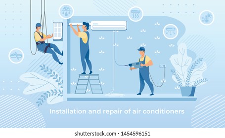 Handy Men Doing Installation And Repair Air Conditioner At Home, Husband For An Hour, Repair Service Fixing Broken Technics. Group Of Electrician Call Masters At Work. Cartoon Flat Vector Illustration