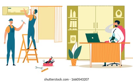Handy Men Doing Installation and Repair Air Conditioner in Office. Group of Electrician Call Masters Work. Husband for an Hour, Repair Service Fixing Broken Technics. Cartoon Flat Vector Illustration