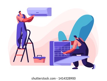 Handy Men Fixing Broken Conditioner and Dishwasher at Home, Husband for an Hour, Repair Service Fixing Broken Technics. Electrician, Plumber Call Master at Work. Cartoon Flat Vector Illustration