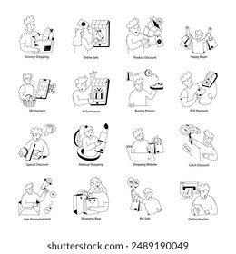 Handy Pack of 16 Ecommerce Doodle Mini Illustrations 

