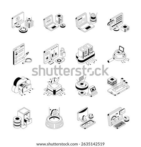 Handy pack of data analytics isometric outline icons, ready for premium use