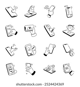 Handy Pack of Mobile Interactions Doodle Icons  

