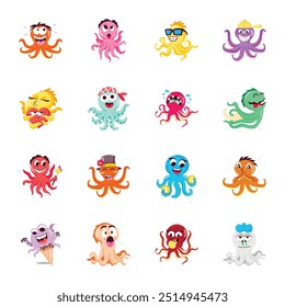 Handy Pack of Octopus Cartoon Flat Stickers 

