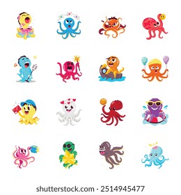 Handy Pack of Octopus Cartoon Flat Stickers 

