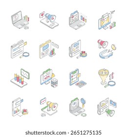 Handy pack of seo services and publicity icon in isometric style
