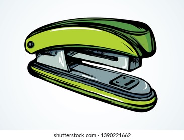Handy pin join device on light table desk space for text. Bright green color pen drawn student job flat logotype emblem pictogram sketchy in art doodle cartoon style. Close up side macro view