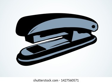 Handy pin join device on light table desk space for text. Freehand outline black ink pen drawn student job flat logotype emblem pictogram sketchy in art doodle cartoon style. Close up side macro view