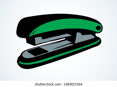 Handy pin join device on light table desk space for text. Bright green color pen drawn student job flat logotype emblem pictogram insignia sketchy in art doodle cartoon style. Close up side macro view