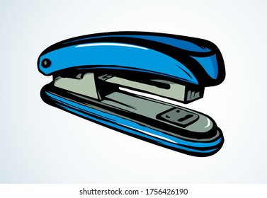Handy pin join device on light table desk text space. Bright blue color pen drawn student job flat logotype emblem pictogram sketchy in art doodle cartoon black print style. Close up side macro view