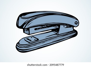 Handy pin join device on light table desk space for text. Freehand outline black ink pen drawn student job flat logotype emblem pictogram sketchy in art doodle cartoon style. Close up side macro view