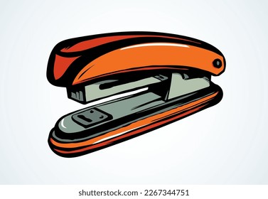 Handy pin join device on light table desk space for text. Bright orange color pen drawn student job flat logotype emblem pictogram sketchy in art doodle cartoon style. Close up side macro view