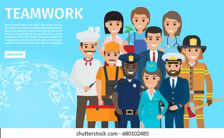 Handy plumber, african policeman, firefighter with axe, doctor, businessman, gardener, captain in uniform, chef and stewardess vector illustration.