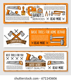 Handy service or hone repair banner set. Vector work tools of house fix and construction instruments screwdriver, spanner or plane and ax, saw or vise and hammer or mallet and measure ruler in toolbox