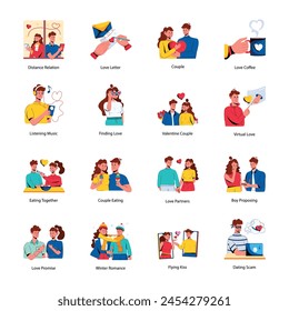 Práctico conjunto de iconos planos de romance de pareja 

