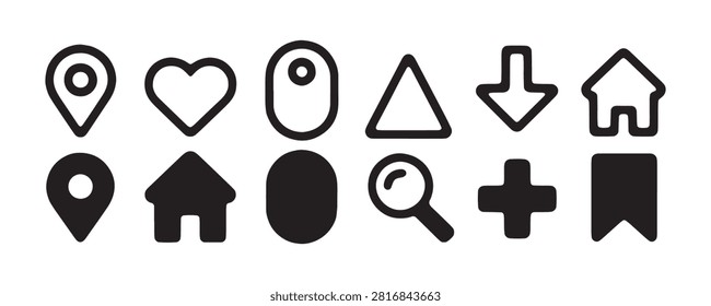 Handy set of essential ui elements featuring home location heart plus search and bookmark icons in solid style.