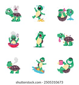 Handy Set of Flat Style Tortoise Cartoons

