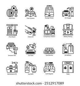 Práctico conjunto de iconos lineales de gasolinera y servicio automático 

