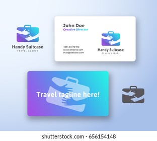 Handy Suitcase Travel Agency Abstract Vector Sign, Symbol or Logo Template and Business Card. Creative Stationary Layout. Tourist Luggage in Hands Negative Space Concept. Isolated.