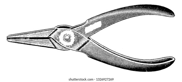 It is a handy tool with typically serrated surfaces, used mainly for gripping small objects or bending wire. Has two handles, vintage engraved line art illustration. Bicycle Accessories - 1900