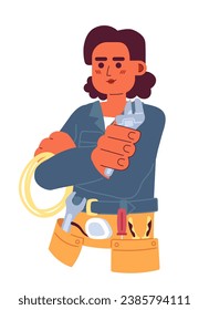 Handy woman hispanic young adult 2D cartoon character. Latina handywoman isolated vector person white background. Female mechanic latinamerican with belt instruments color flat spot illustration