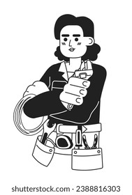 Handy woman hispanic young adult black and white 2D cartoon character. Handywoman isolated vector outline person. Female mechanic latinamerican with instruments monochromatic flat spot illustration