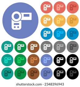 Handycam multi colored flat icons on round backgrounds. Included white, light and dark icon variations for hover and active status effects, and bonus shades.