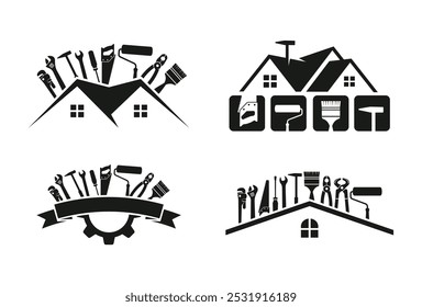 Crachás de faz-tudo. Construtores e trabalhadores empreiteiros símbolos técnicos vetor logotipos para handyman.