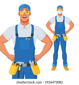 Handyman in bib overalls and protective eyeglasses standing with hands on the hips and elbows turned outward. Vector cartoon character isolated on white background.