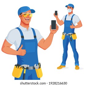 Handyman in bib overalls and protective eyeglasses showing blank vertical smartphone screen with thumb up. Vector cartoon character isolated on white background.