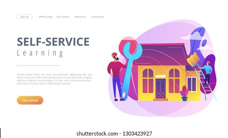 Handyman with big wrench repairing house and painting with paintbrush. DIY repair, do it yourself service, self-service learning concept. Website vibrant violet landing web page template.