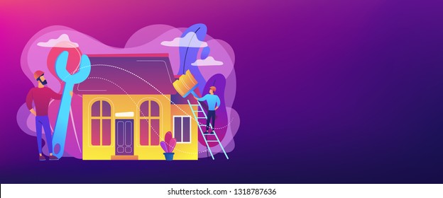 Handyman with big wrench repairing house and painting with paintbrush. DIY repair, do it yourself service, self-service learning concept. Header or footer banner template with copy space.
