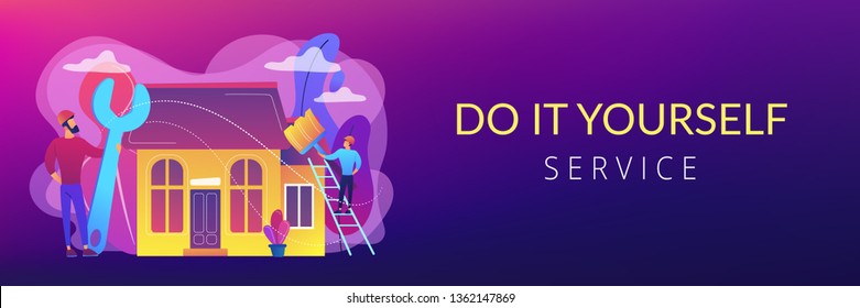 Handyman with big wrench repairing house and painting with paintbrush. DIY repair, do it yourself service, self-service learning concept. Header or footer banner template with copy space.