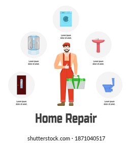 Handyman with box of tools and useful information about house repair service in advertising sheet 