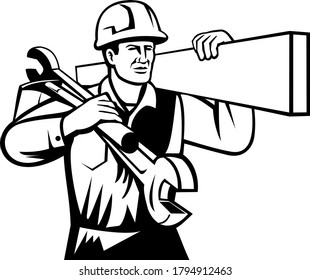 Hombre de mano o constructor que lleva spector de madera y negro y blanco retro de espacio