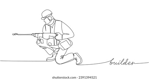 Handyman, builder, drill one line art. Continuous line drawing of repair, professional, hand, people, concept, support, maintenance with inscription, lettering, handwritten.