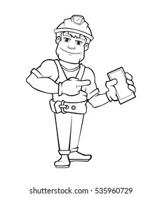 Handyman, builder in helmet pointing to the smartphone. Vector illustrtation in Linear style isolate on white background.
